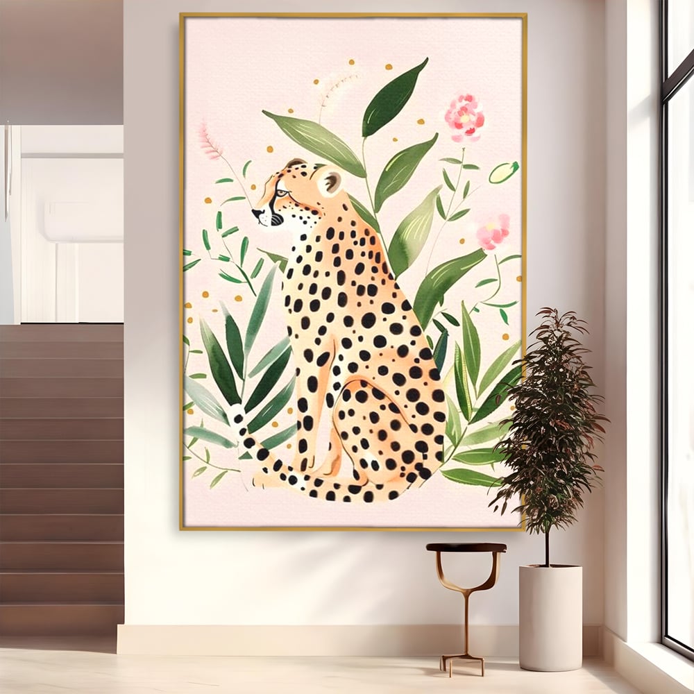 Tablou canvas cu tablou canvas cu leopard si frunze tropicale, in rama de aluminiu auriu
